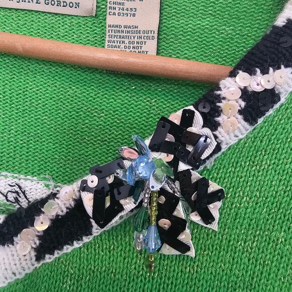 Vintage Design Options Cardigan Womens Med Green Sequins Beaded Glam Grandmacore - Picture 8 of 13